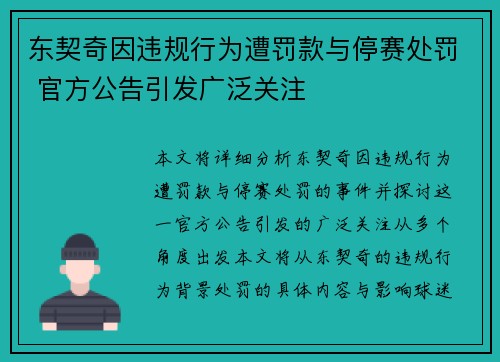 东契奇因违规行为遭罚款与停赛处罚 官方公告引发广泛关注