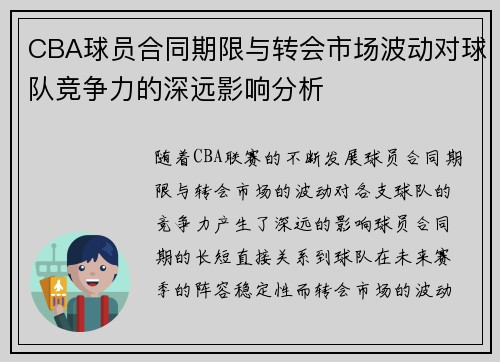CBA球员合同期限与转会市场波动对球队竞争力的深远影响分析